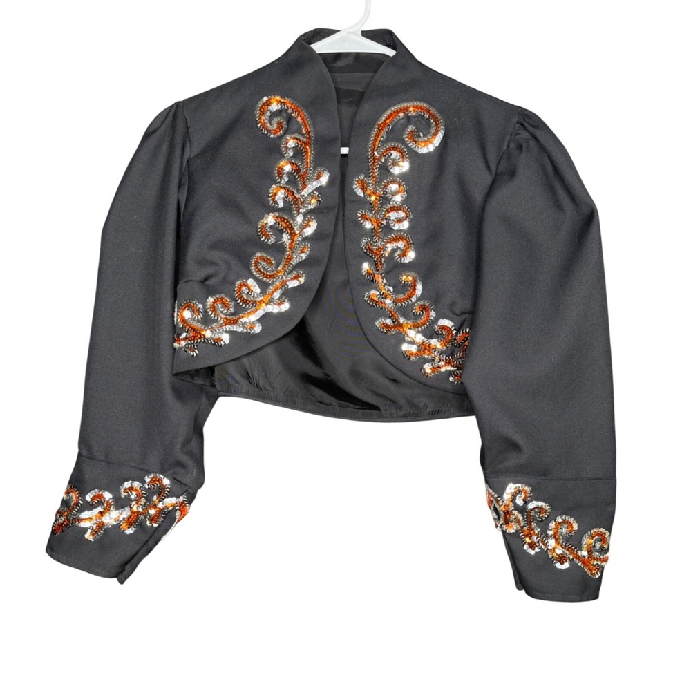 Vintage Black Matador Bolero Jacket Orange Silver Sequin Cropped Small